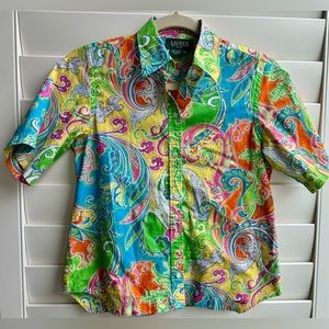 Women’s Ralph Lauren Paisley Button Down Short Sleeve Shirt Petite